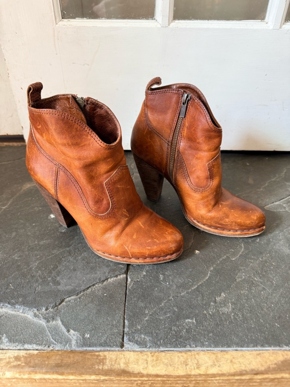 Frye Cognac Leather Zip Ankle Booties